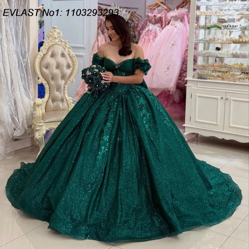 

EVLAST блестящее темно-зеленое платье Quinceanera по индивидуальному заказу, бальное платье с кружевной аппликацией и бисером, Sweet 16, Vestidos De 15 Anos E1QN440