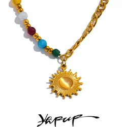 Yhpup Natural Stone Beads Stainless Steel Sun Pendant France Necklace for Women Collar Collarbone Chain Trendy Jewelry Bijoux