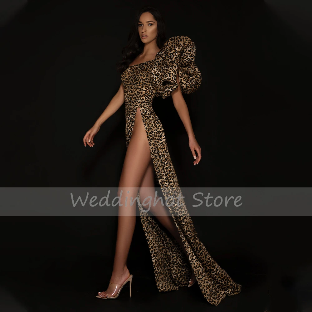 Sexy Evening Dresses for Women Long One Shoulder High Slit Mermaid Evening Gown Leopard Print Puff Sleeve Robe de Soirée 2023