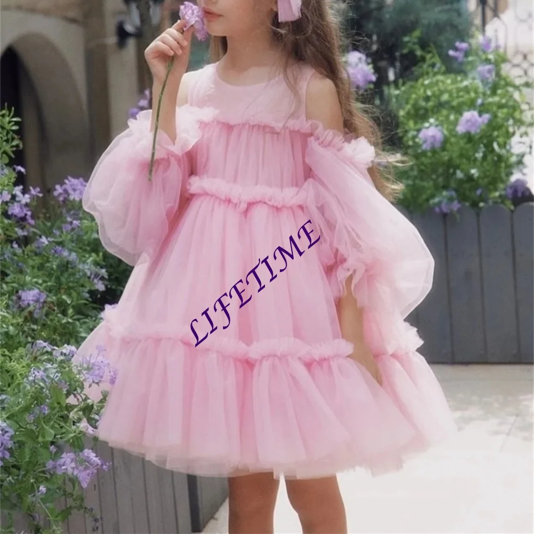 فساتين فتاة الزهور الوردية البسيطة فستان حفلات الزفاف للأطفال الفتيات فساتين حفلات تول الزهور حسب الطلب