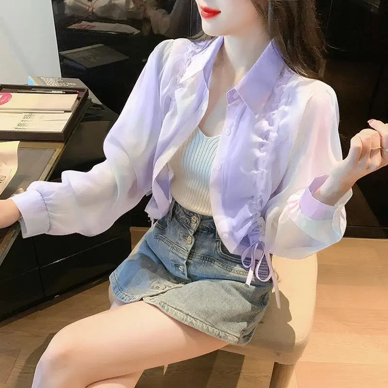 

Tie Dyed Gradient Chiffon Shirt for Women's Summer Thin Breathable Sunscreen UV Drawstring Short Jacket Top