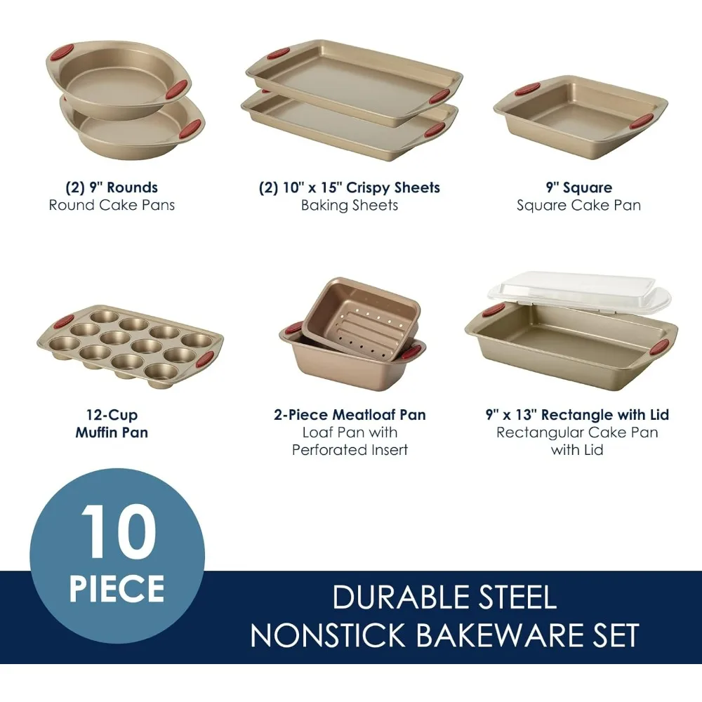 

Rachael Ray Cucina Nonstick Bakeware Collection: 10-Piece Set with Cookie Sheets, Cake, Muffin, and Bread Pans in Latte Brown an