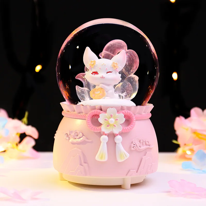 New Hot Selling Mini Crystal Ball Nine Tailed Fox Desktop Ornament Music Box Female Holiday Gift Manufacturer Direct Sales