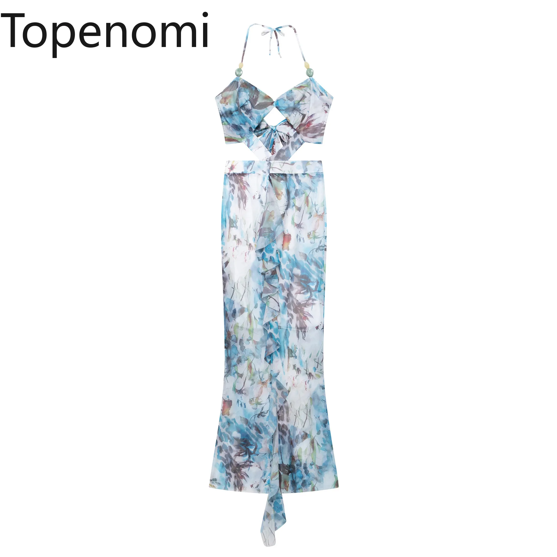 

Topenomi Sexy Print Halter Long Dress Women 2025 Summer Elegant Backless Waist Slim Fit Beach Dresses Off Shoulder Party Robe