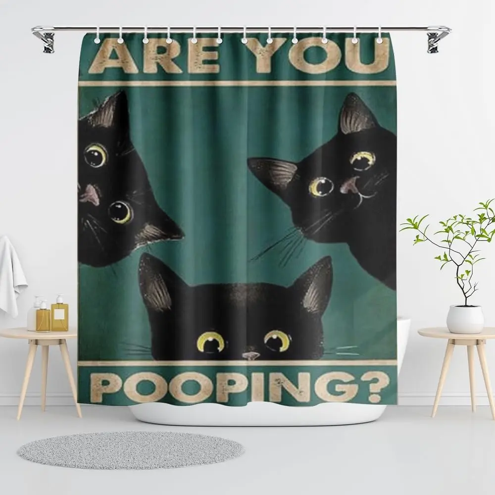 

Занавеска для душа с черным котом для ванной комнаты, занавеска для душа с котом для ванной комнаты с тканевыми занавесками для душа, водонепроницаемый комплект