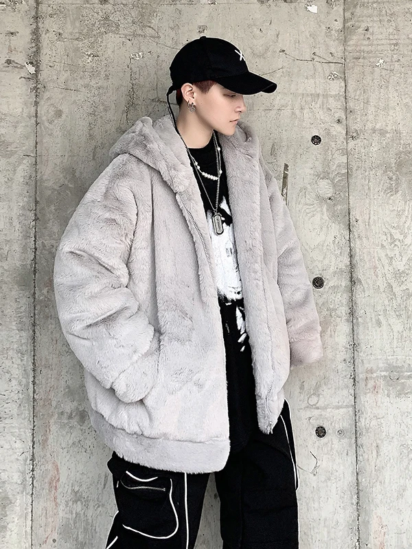 

Lamb Velvet Men's Jaet Winter Thiened Faux Rabbit Fur Lined Hooded Cotton Coat Warm Casual Long Sve Zipper Closure