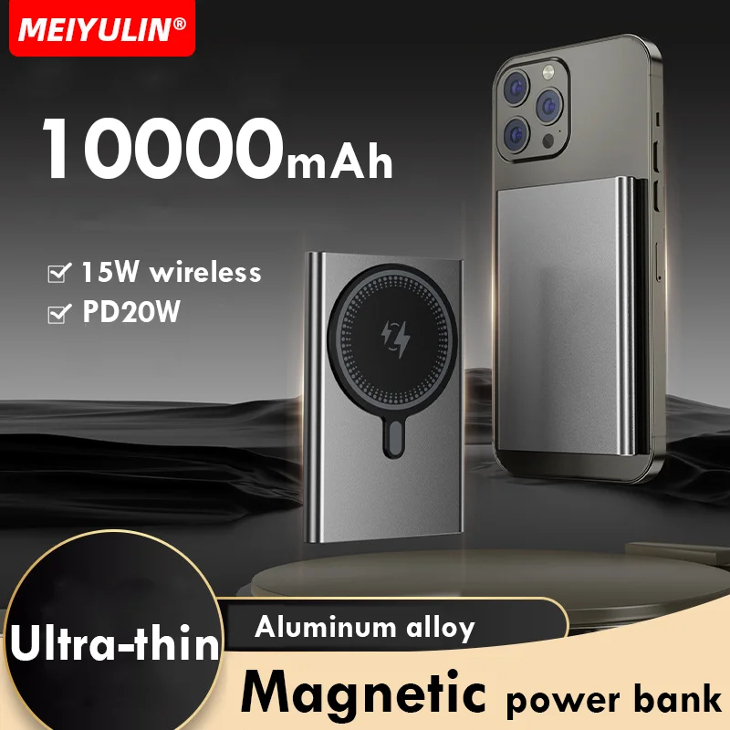 Magnetic Wireless Power Bank PD20W 10000mAh Fast Charging External Spare Battery Metal Ultra-thin Powerbank For Macsafe iPhone