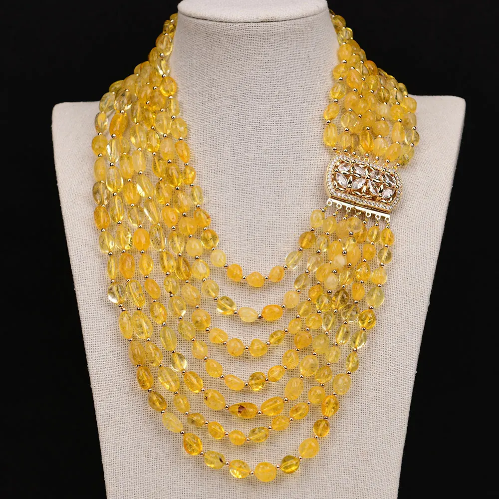 G-G 7 Rows Natural Stone Yellow Citrine Freedom Quartz Nugget Beads Necklace Multi Strands Jewelry For Women