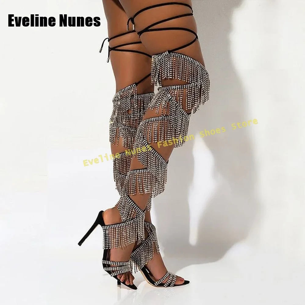 Blingbling Rhinestone Fringe Sexy Sandals Lace-Up Street Style 2026 Pointed Toe Stiletto Snake-Strappy Shiny Women's Party Shoes