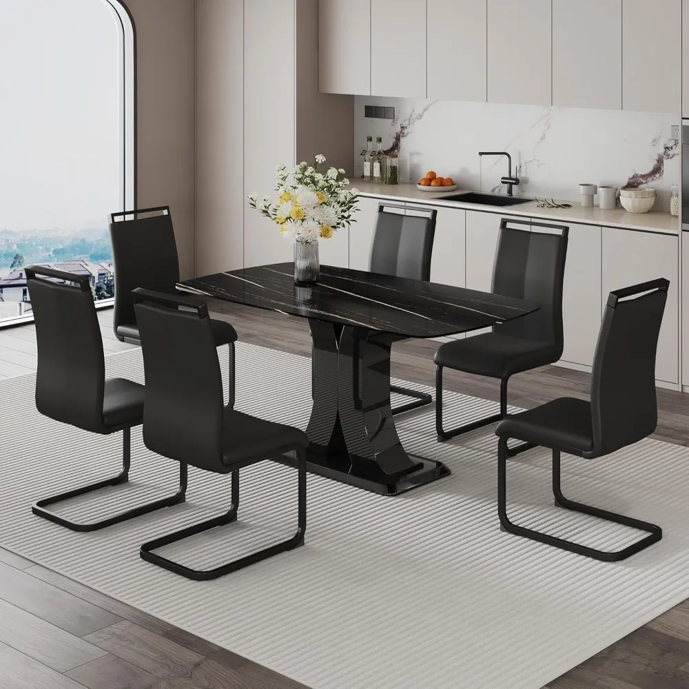 7-Piece Dining Table, Marble Table Chair Set for 6,with 6 Pu Leather Upholstered Chair for Dining Room,Table & Chairs Set