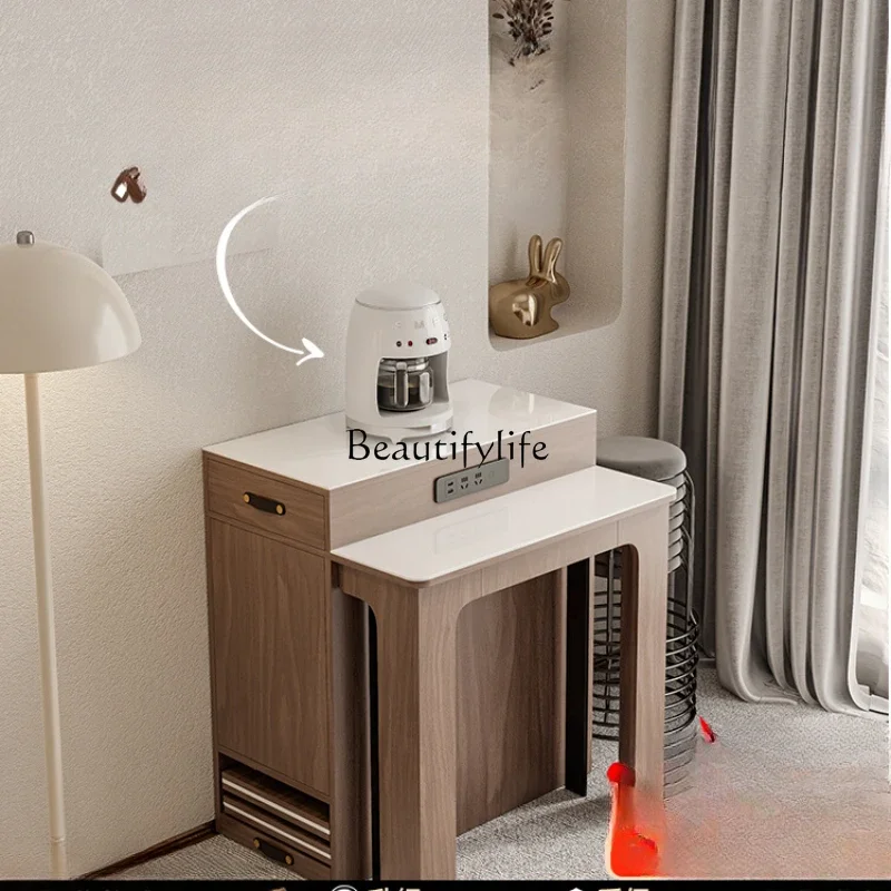 

Small apartment island dining table integrated retractable rock slab solid wood simple modern bar folding table
