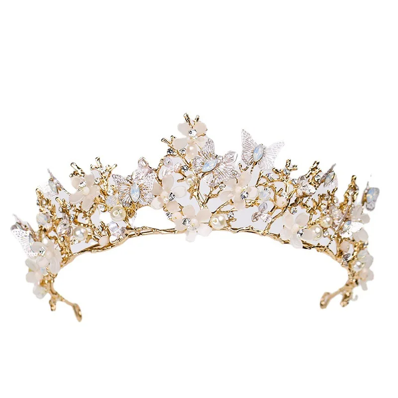 Luxury Crystal Beads Pearl Butterfly Costume Jewelry Sets Floral Rhinestone Choker Necklace Earrings Tiara Wedding Jewelry Set image 6