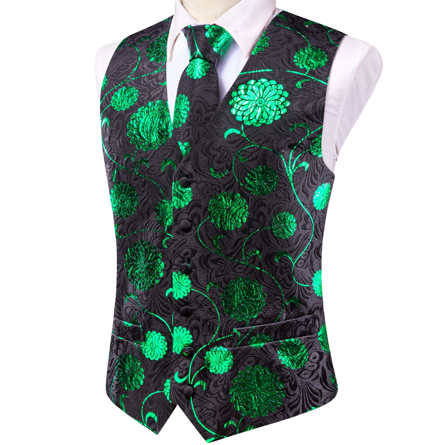 Shiny Green Black Men Vest Jacquard Silk Sleeveless Waistcoat Jacket Necktie Hanky Cufflinks Brooch Wedding Business Gift Hi-Tie