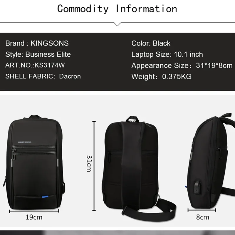 Kingsons Waterproof 10.1 Inch Chest Backpack for Men Casual Crossbody Bag Leisure Travel Single Shoulder Backpack