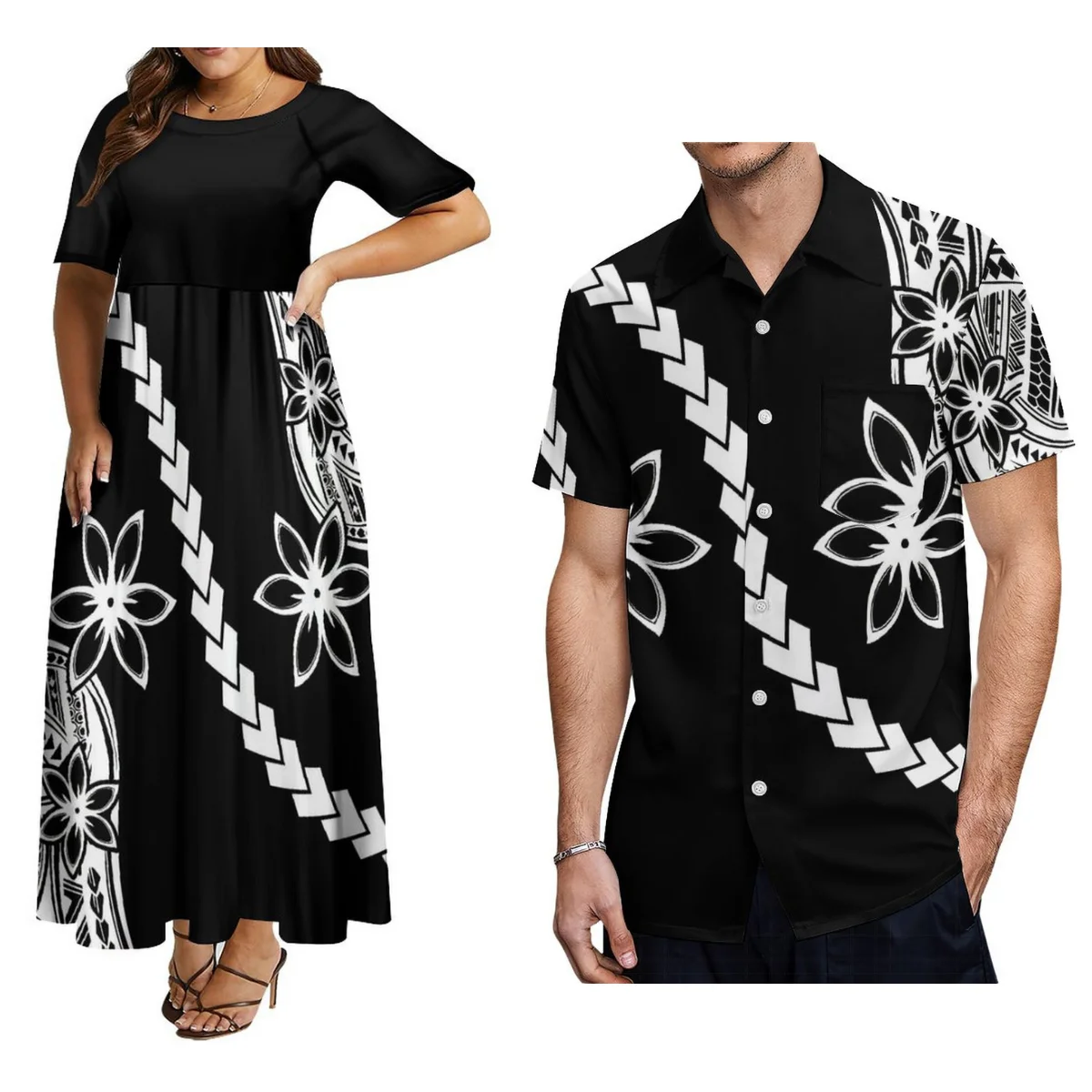 

Island Style Couple Set Summer Polynesian Tribe Custom Samoan Women'S Crew Neck Dress Party Dress And Hawaiian Men'S Shirt