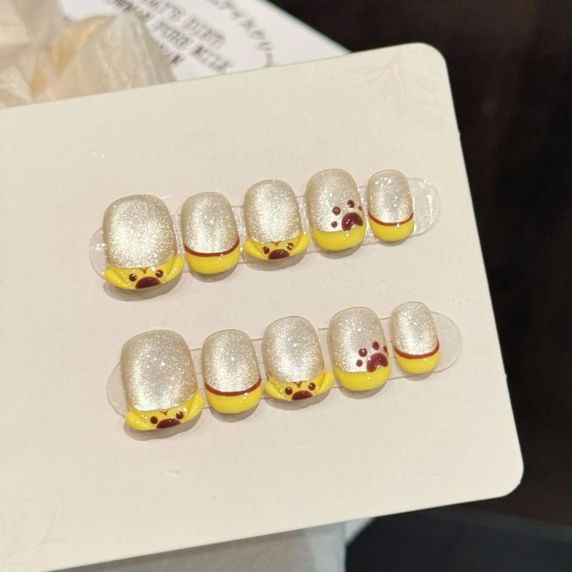 

10pcs Yellow French Style Handmade Fake Nails Kawaii Brown Cat Designs Press On Nails Sweet Cat's Eye Short Round False Nail