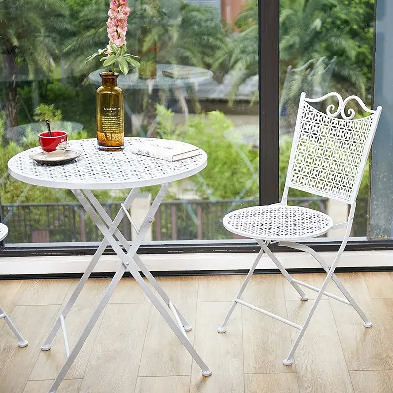 Balkon Besi Tempa Meja Lipat Santai dan Kursi Set Meja Furnitur Taman Tiga Bagian