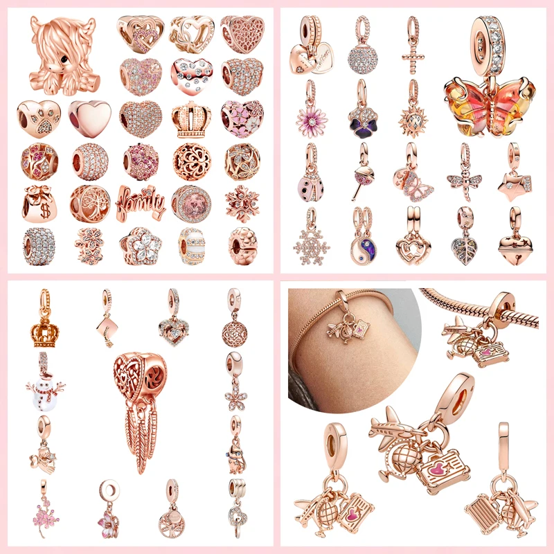 

New Charms Sparkling Rose Gold Airplane, Globe & Suitcase Triple Heart Winged Angel DIY Jewelry Gift Fit Original Bracelet Beads
