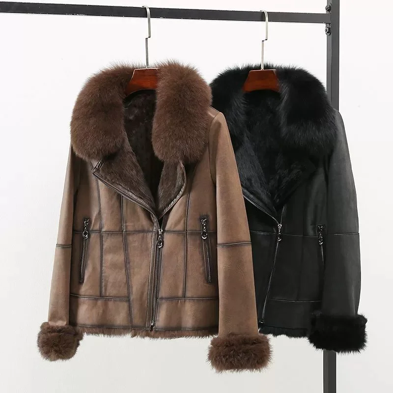 High-quality Streetwear Winter Rabbit Fur Coat Women's Fox Fur Collar Double-faced Suede Furs Short Jacket Warm Outerwear