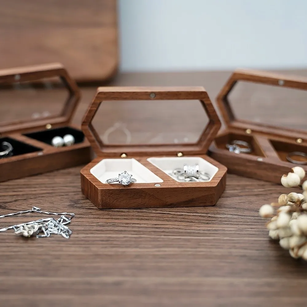 Luxury Hexagon Wooden Ring Box Velvet Lined Double Seat Engagement Ring Holder Proposal Gift Earring Ring Case