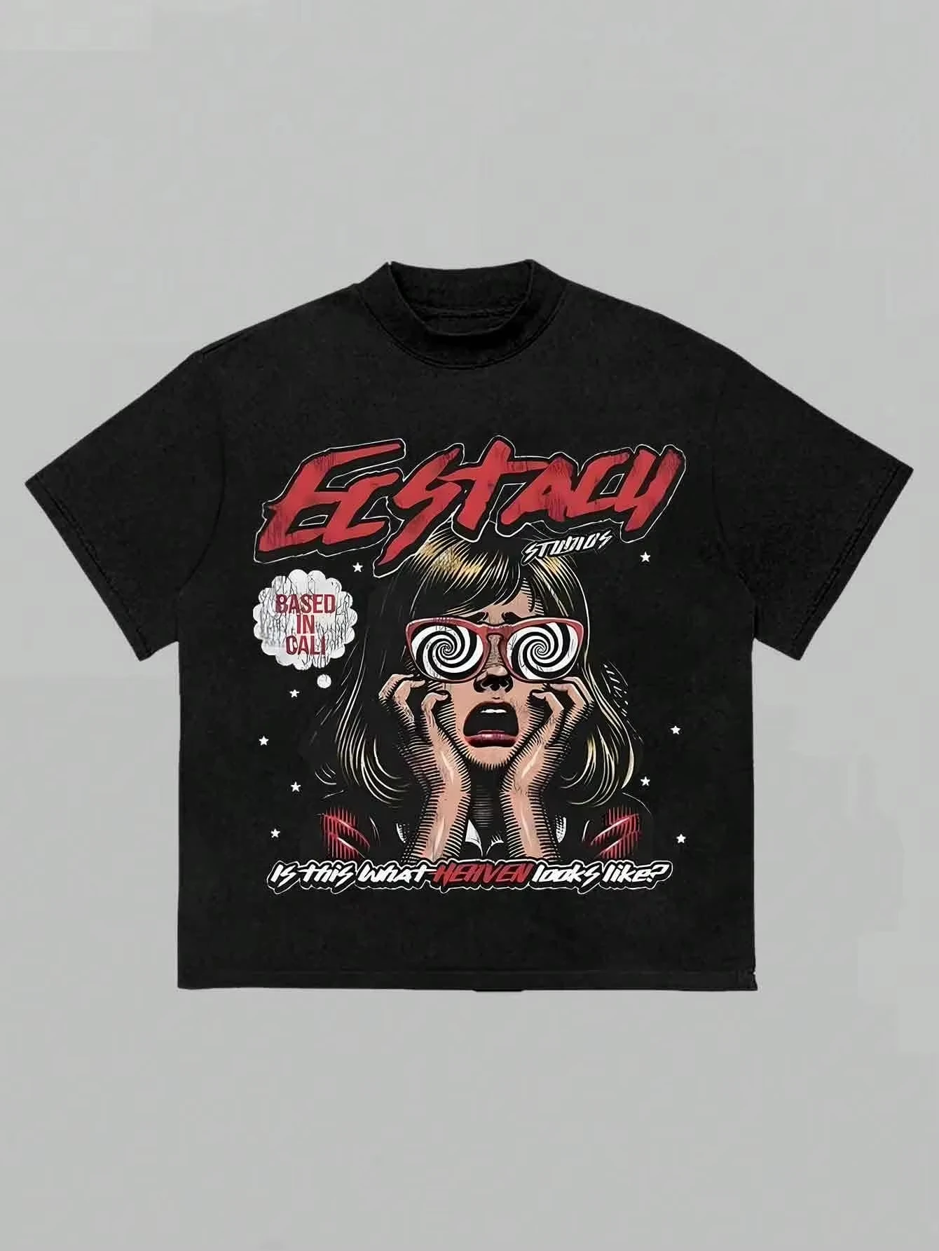

Men Short-sleeved T-shirt Black Ecstasy Studios Print with Swirl Glasses Pattern Casual Street Style Fashion Unisex Y2k 2025