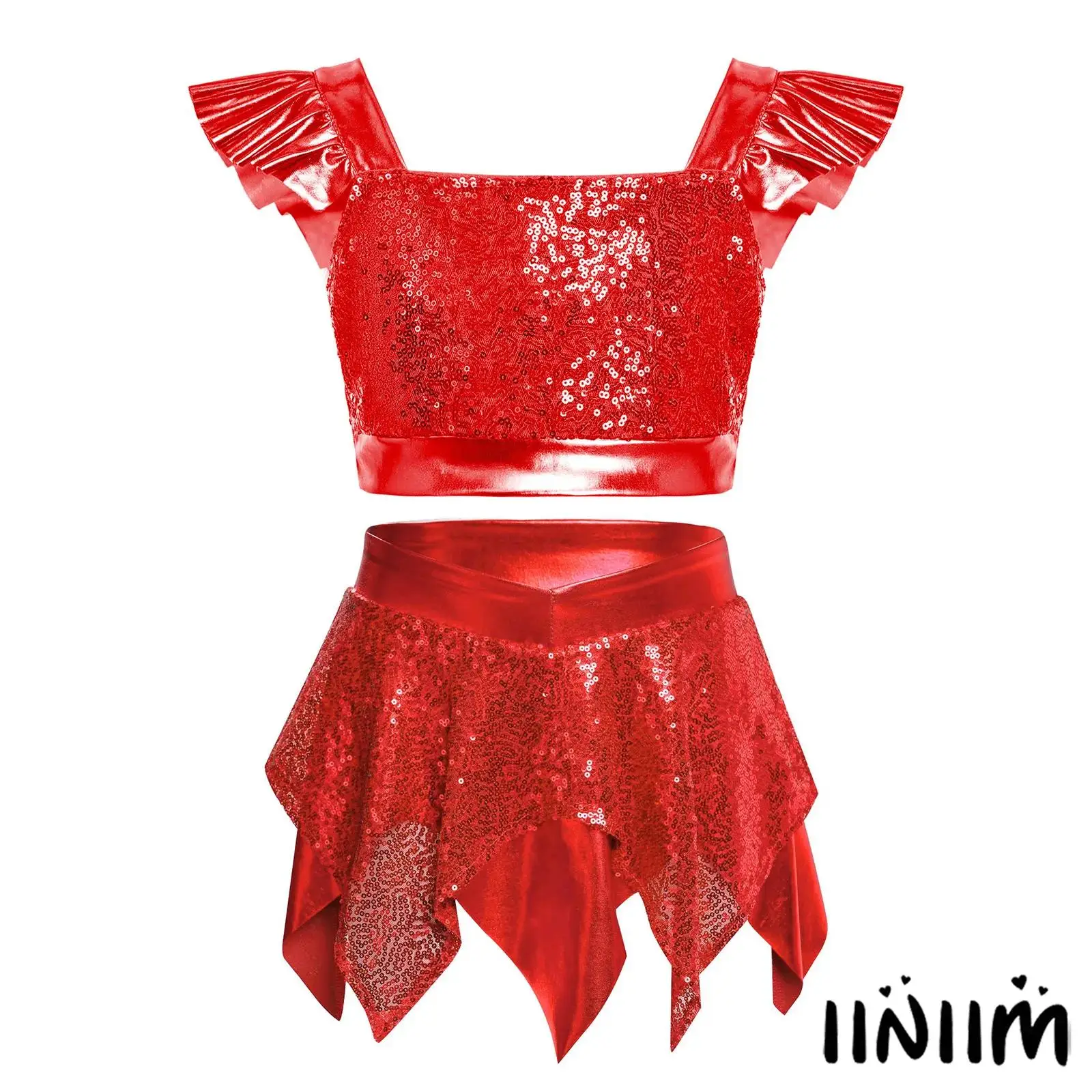 

Kids Girls Jazz Dance Performance Outfit Square Collar Ruffled Sleeves Sparkling Sequin Metallic Crop Top with Sequined Skirt