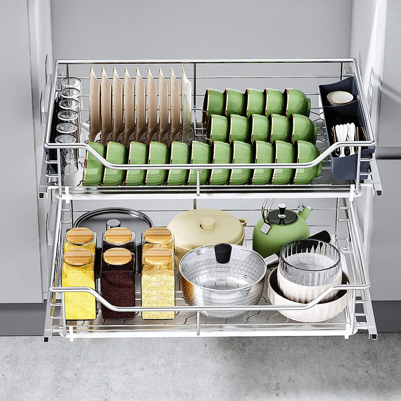 

Полка для хранения посуды из нержавеющей стали, двухслойная корзина в кухонном шкафу