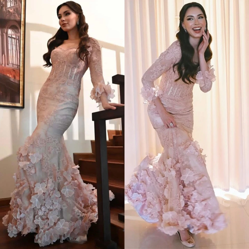 فستان سهرة أنيق من الأورجانزا الوردي مخصص كلاسيكي على شكل قلب وأكمام طويلة للحفلات فستان حورية البحر الرقيق مزين بالحفلات الراقصة