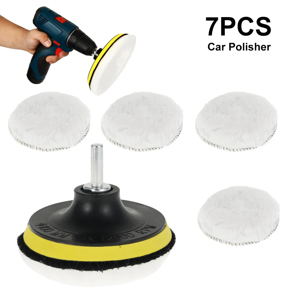 7 Pcs 4 Inch Wool Polishing Pads Kit Car Polishing Bonnets Lambs Wool Hook and Loop Buffing Pad with 1Pc Screw 1Pc Plastic Tray