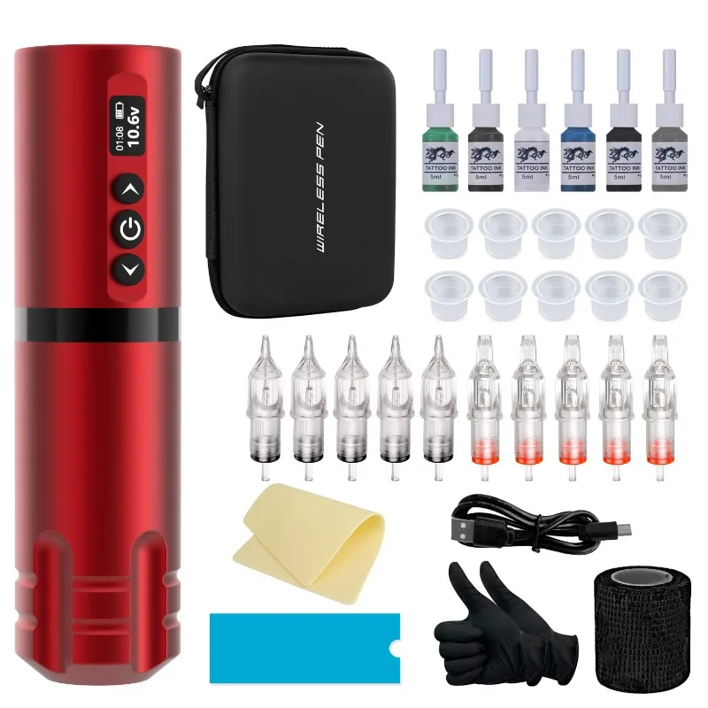 Wireless Tattoo Pen Kit Wireless Battery Pen Tattoo Tool Cartridge Needles Pigments Ink Cup Piercing Tattoo Machine Complete Set 2