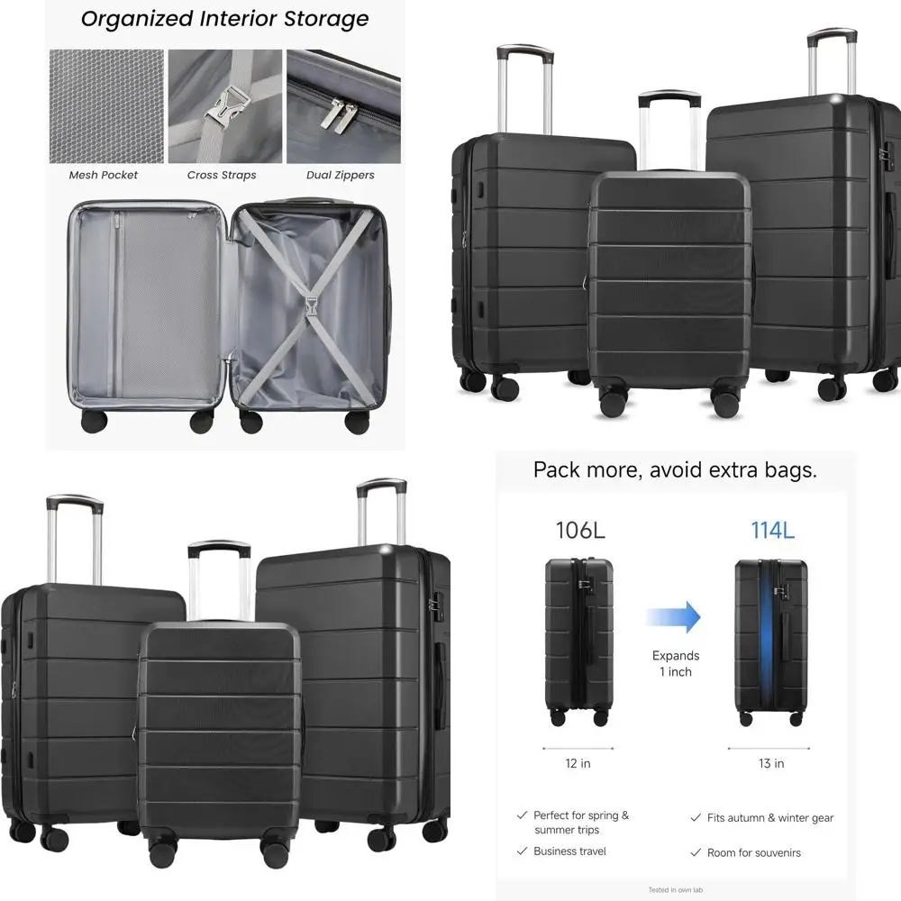 

Набор из 3-х расширяемых чемоданов с жестким корпусом, замком TSA и бесшумными колесами, легкий, для международных поездок (20/24/28 дюймов, черный)