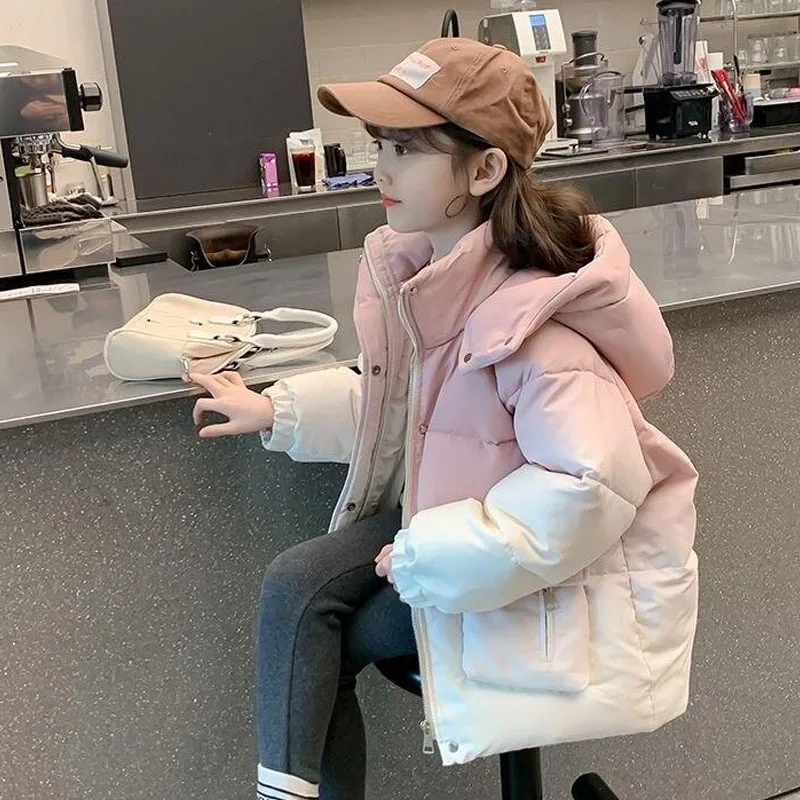 

Осенне-зимняя стеганая куртка для девочек, теплое пальто с цветными блоками, верхняя одежда с капюшоном, удобная детская одежда, модная одежда для детей 4-12 лет