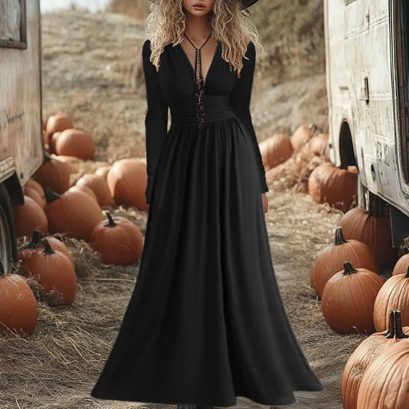 Casual High Waist Long Sleeve Mujer Dress Autumn Pleated Solid A-Line Boho Long Dress Sexy Hollow V Neck Holiday Evening Dresses