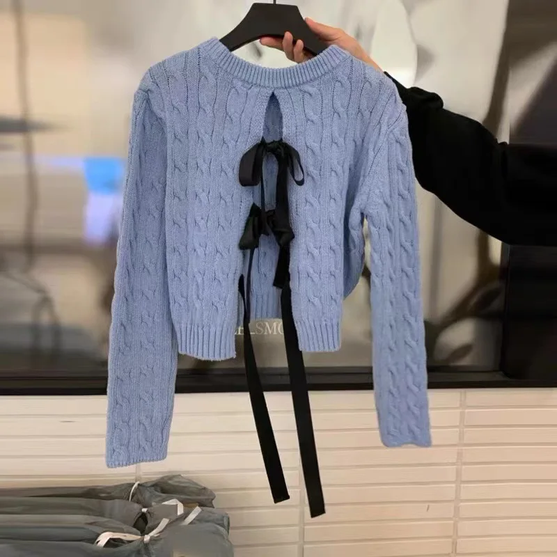 Simple twist short sleeved sweater blouse bow knit top women Forked sweater mujer