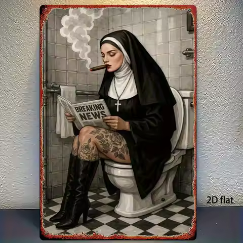 Retro Metal Poster: Funny Smoking Nun Bathroom Decor | 8x12in Easy Install Catholic Gift