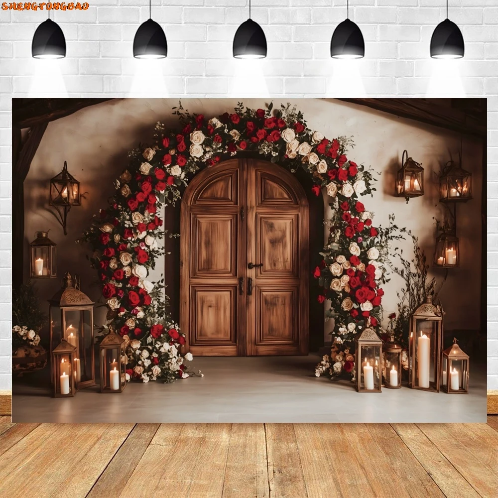 Bruiloft Bloemen Houten Deur Achtergrond Bruids Douche Bruid Portret Verlovingsceremonie Fotografie Achtergrond Fotostudio Benodigdheden