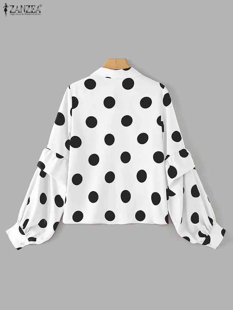 قمصان أنيقة منقطة من ZANZEA بلوزة أنيقة للخريف بأكمام طويلة وفانوس 2025 بلوزات نسائية برقبة على شكل طية صدر السترة OL بلوزات نسائية للعمل