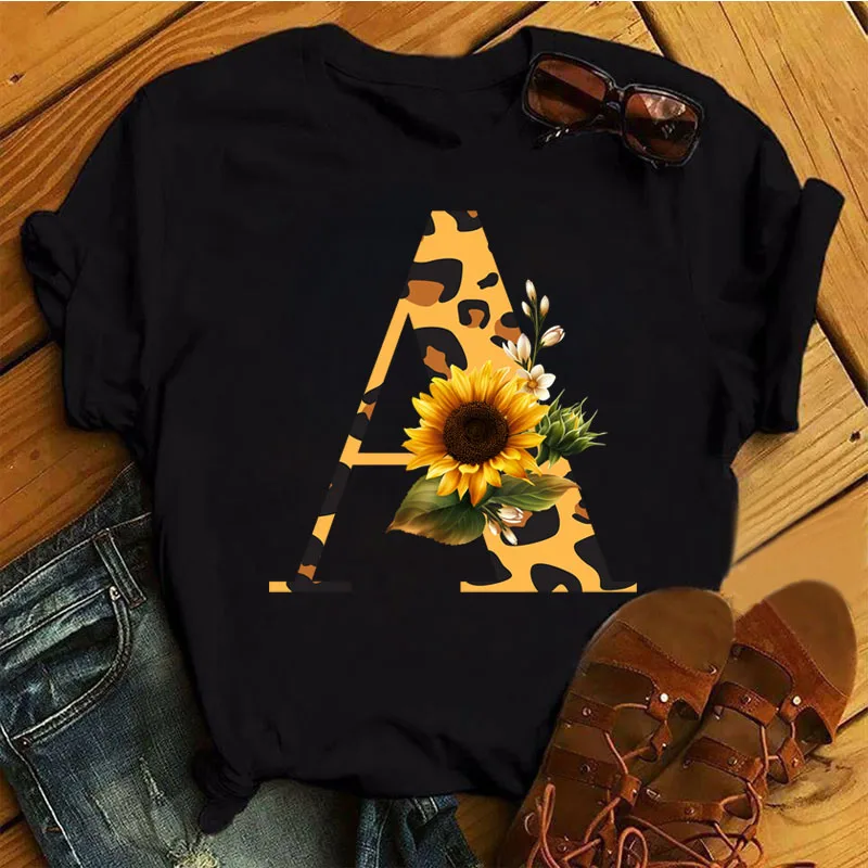 

Fashion Women T Shirt Leopard Sunflower Print Casual Tops Custom Name Letter Combination Font A B C D E O Female Black Tee Shirt