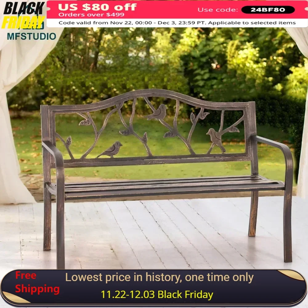 

50" Outdoor Garden Bench, Metal Frame Park Bench with Bird Pattern Backrest for Porch,Lawn,Deck Bronze Patio Benches