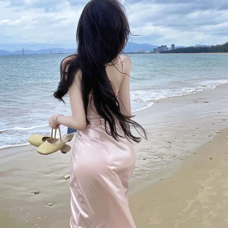 Xpqbb-ピンクのサテンのスパゲッティドレス,スパゲッティストラップ,セクシー,スリム,裸の肩,サイドスリット,マキシ,シックなイブニングドレス