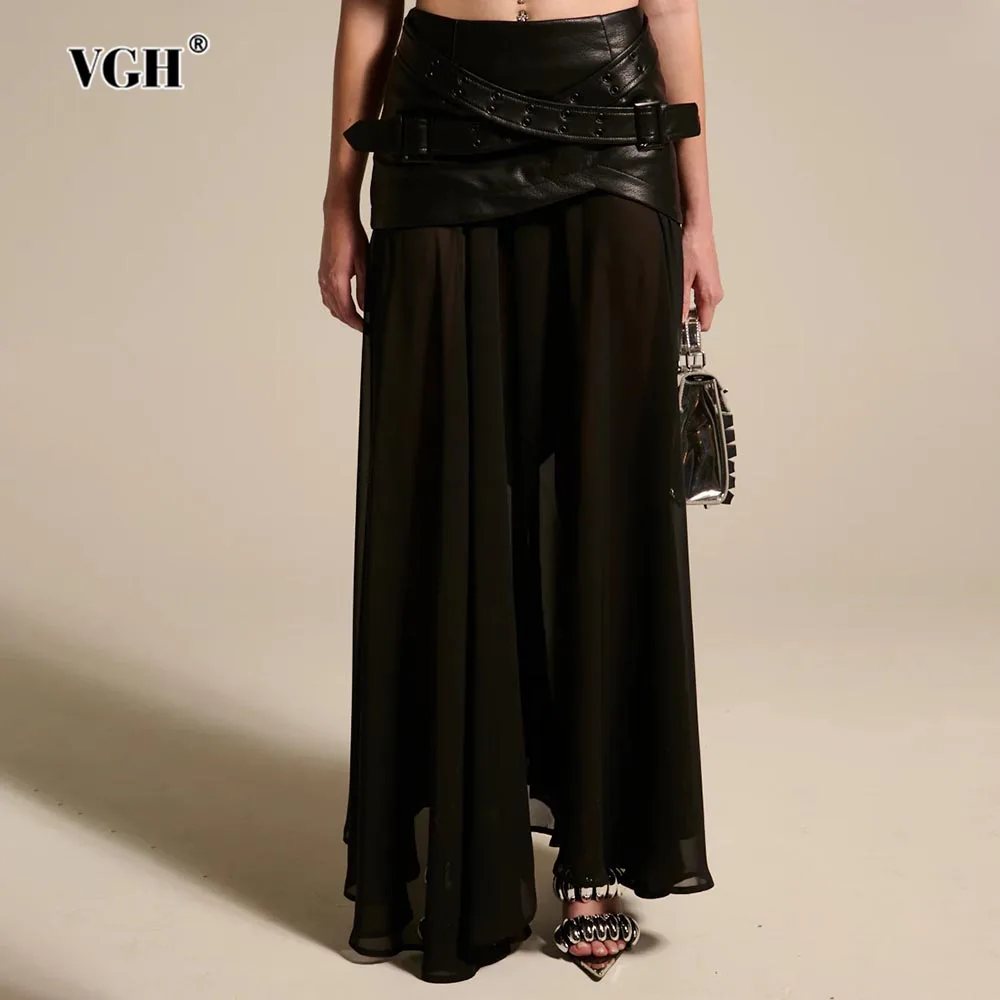

VGH Vintage Spliced Leather Belt Skirts for Women High Waist Patchwork Sheer Mesh Sexy Fashionable Irregular Hem Skirt Female
