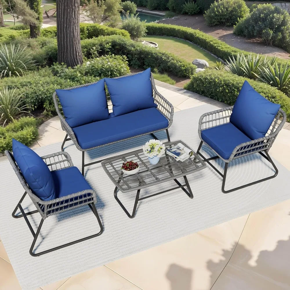 

4 Piece Patio Furniture Set, Outdoor Bistro Set, with Soft Cushions and Glass Side Table, All Weather Rattan Conversation Set