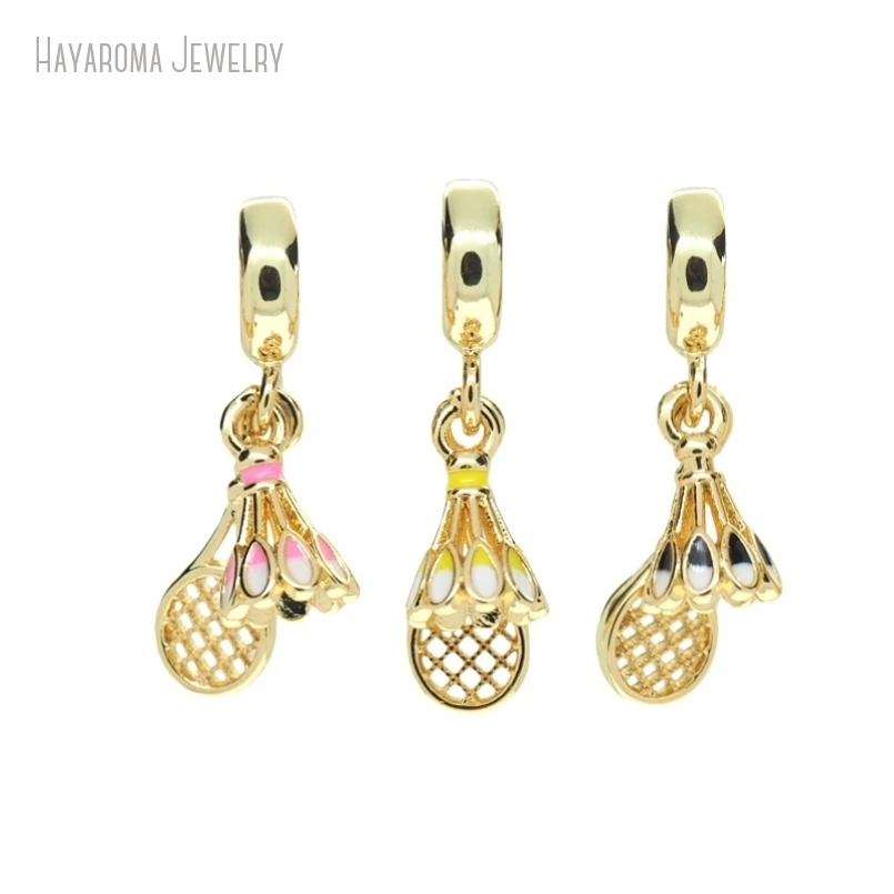 

10Pcs Copper Pendant Enamel Badminton Racket Jewelry Gold Color Metal Wholesale Charms