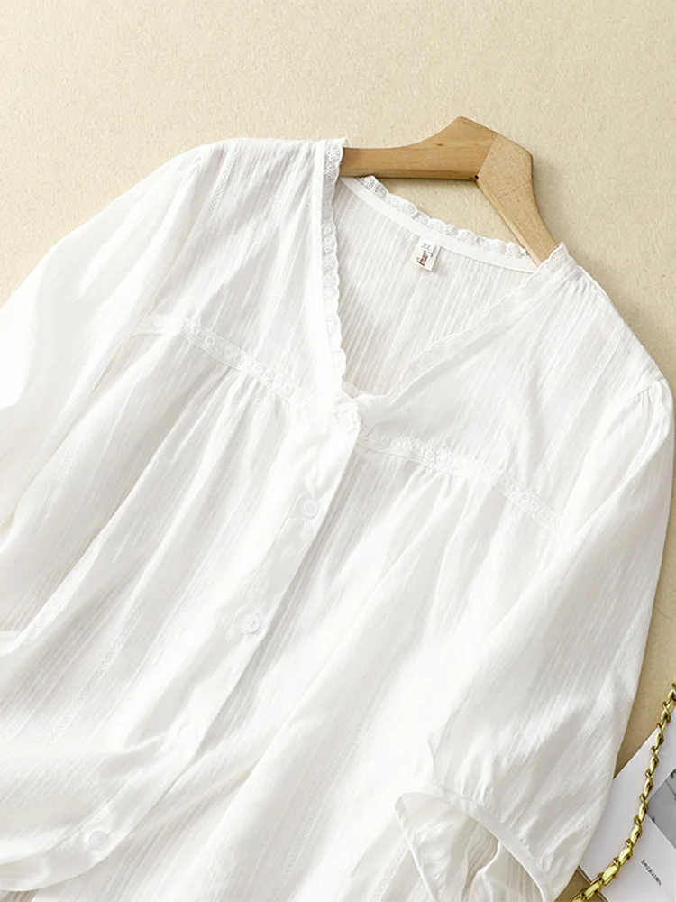 

White Cotton ort Sve irt Women's Summer Thin V-ne Single Button Upper Body Retro Commute Sle Pure Color Loose Fit