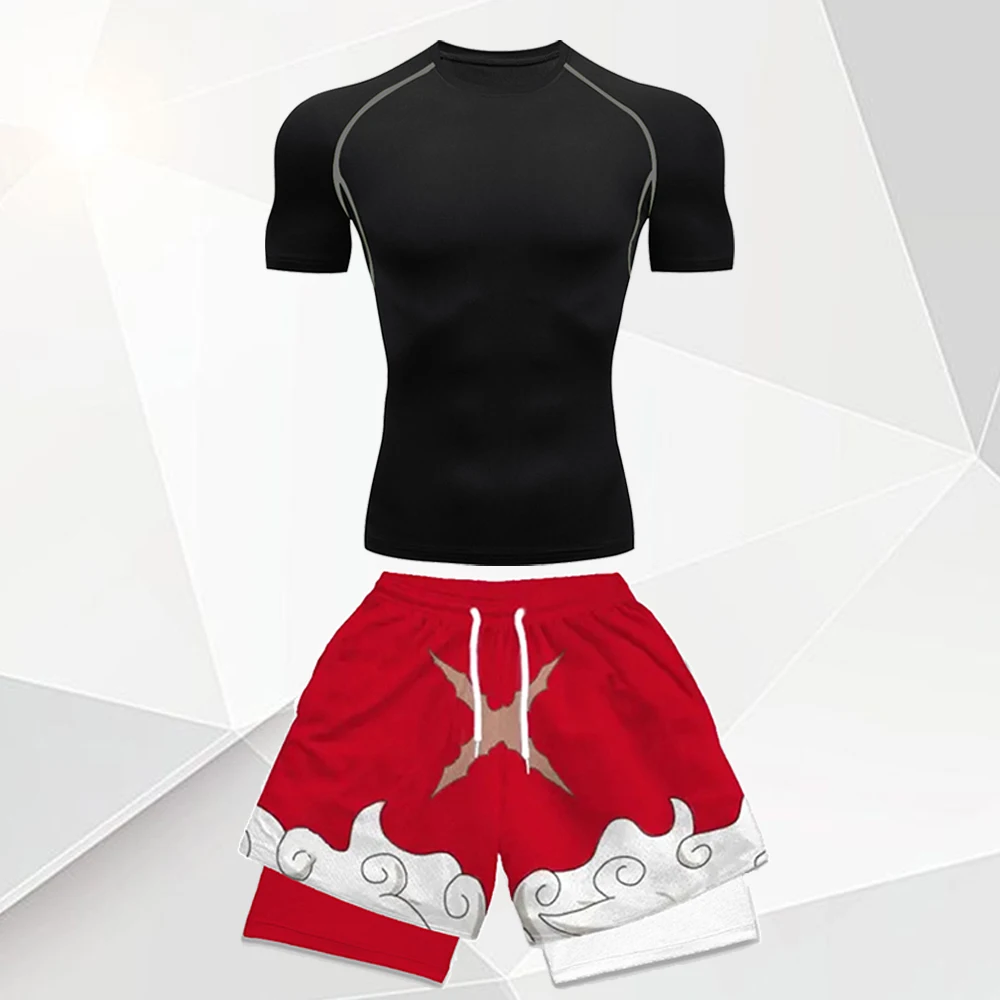 Men's 2Pcs Anime Gym Outfit White Compression Tee + Red Cloud Print Double Layer Shorts Set Quick Dry Fitness Sportswear Suit view 6