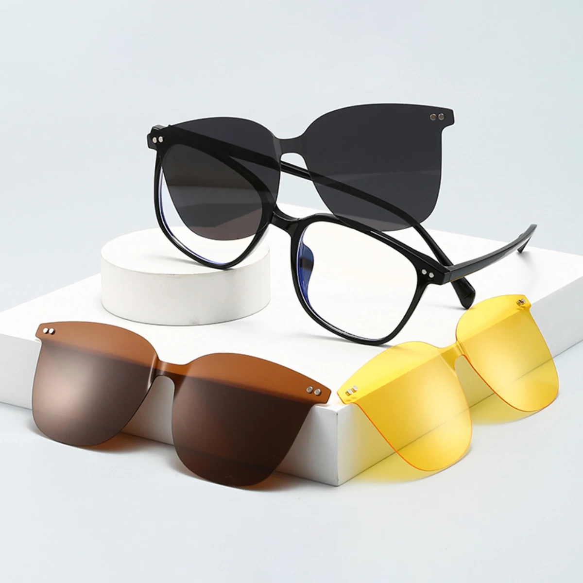 نظارات شمسية رجالية جديدة TR90 3 في 1 بمشبك مغناطيسي للقيادة ليلاً ونهارًا