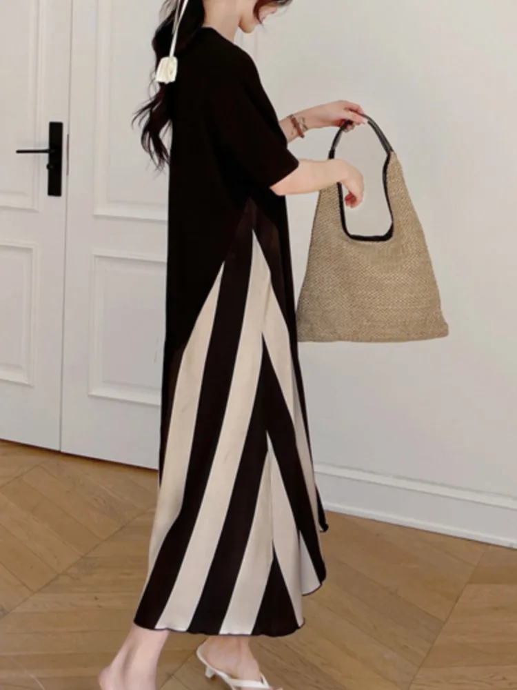 Abito estivo T-shirt a righe patchwork nero Nuovo abito vintage a contrasto con o-collo allentato Moda elegante abbigliamento donna Abiti