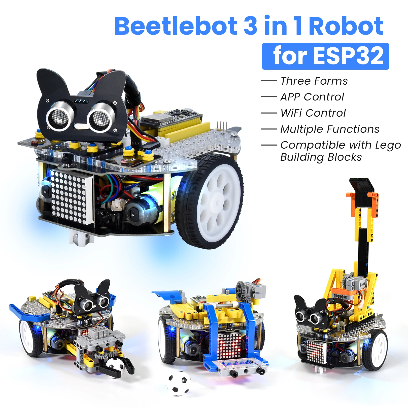 Keyestudio Beetlebot 3 in 1 Robot Car Kit 11 Projects For Arduino Robot ESP32 And For Raspberry Pi Pico STEM Programming DIY Kit