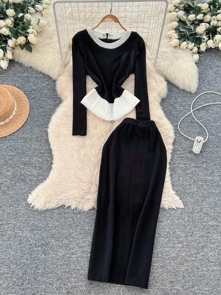 

Ele round Ne Long Sve High Waist Wrap Body Skirt Set Heavy Embroidery Color Blo Autumn Faion Women's Outfit