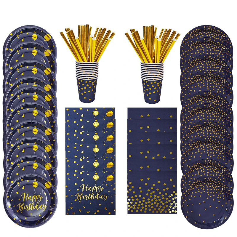 Set di stoviglie usa e getta a pois in oro blu scuro piatti di carta tazze tovaglioli paglia per la decorazione della festa di compleanno forniture